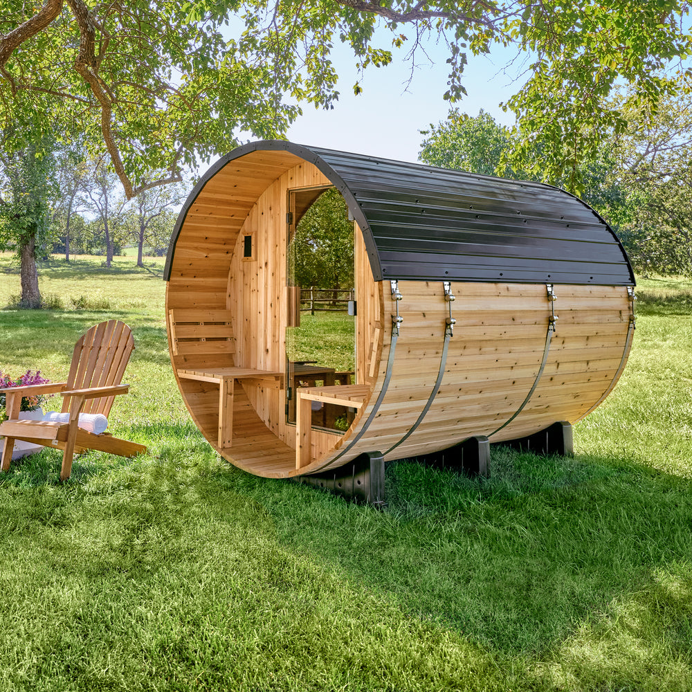 Paxton Outdoor Barrel Sauna with Porch – 4-6 Person