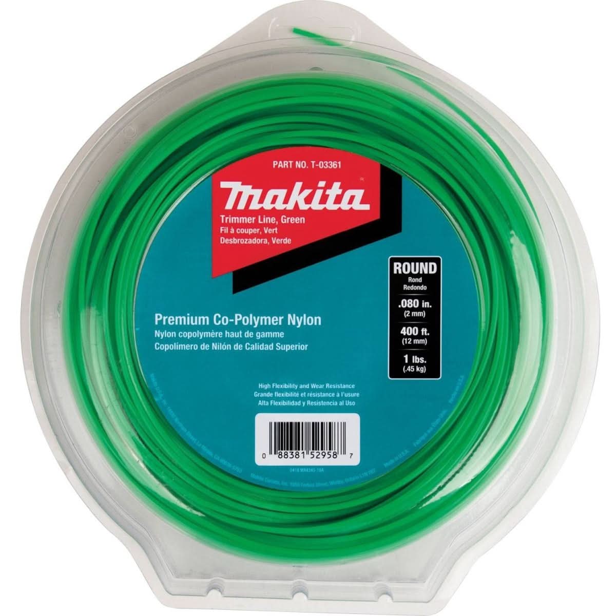 Makita T-03361 Round Trimmer Line, 0.080″Â, Green, 400″, 1 lbs.