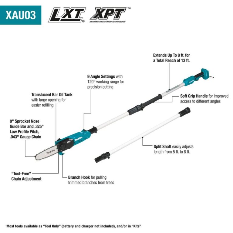 Makita XAU03Z 18V LXT Lithium-Ion Brushless Cordless 8″ Extendable Articulating Pole Saw, Tool Only